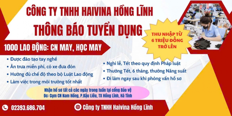 Công ty TNHH Haivina Hồng Lĩnh tuyển dụng lao động